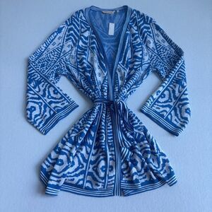 Soft Surroundings Cardigan Sweater Womens XL Blue White Belted Resort 3/4 Sleeve